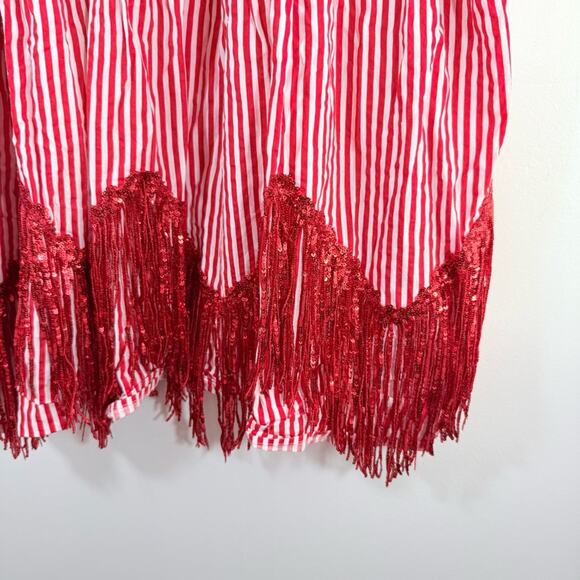 Fantastic Fawn Red White Stripe Sequin Tassel Fringe Shirt Dress Small College - Picture 13 of 14